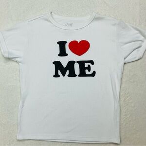 🌼4/$10🌼 SOCIAL SCENE Women’s Small Sexy Little White “I ❤️ ME” Cropped Tee